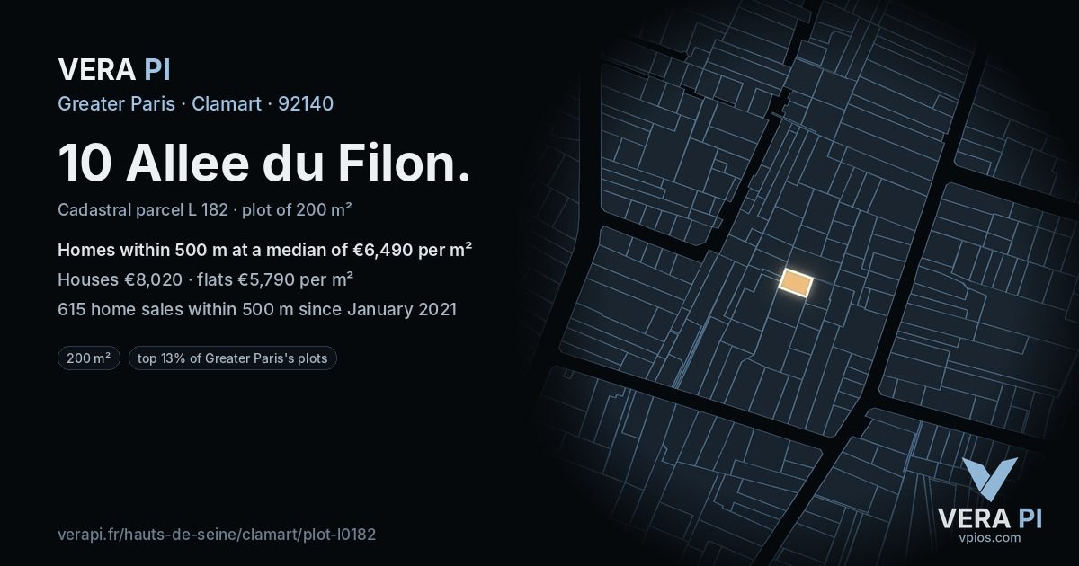 10 Allee du Filon, Clamart at night – the plot lit, the parcels around coloured by the prices near them