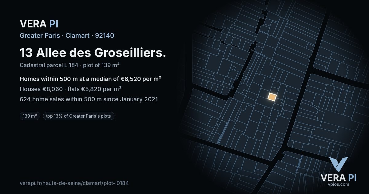 13 Allee des Groseilliers, Clamart at night – the plot lit, the parcels around coloured by the prices near them