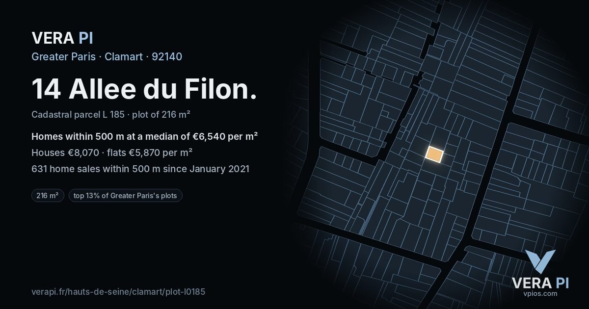 14 Allee du Filon, Clamart at night – the plot lit, the parcels around coloured by the prices near them