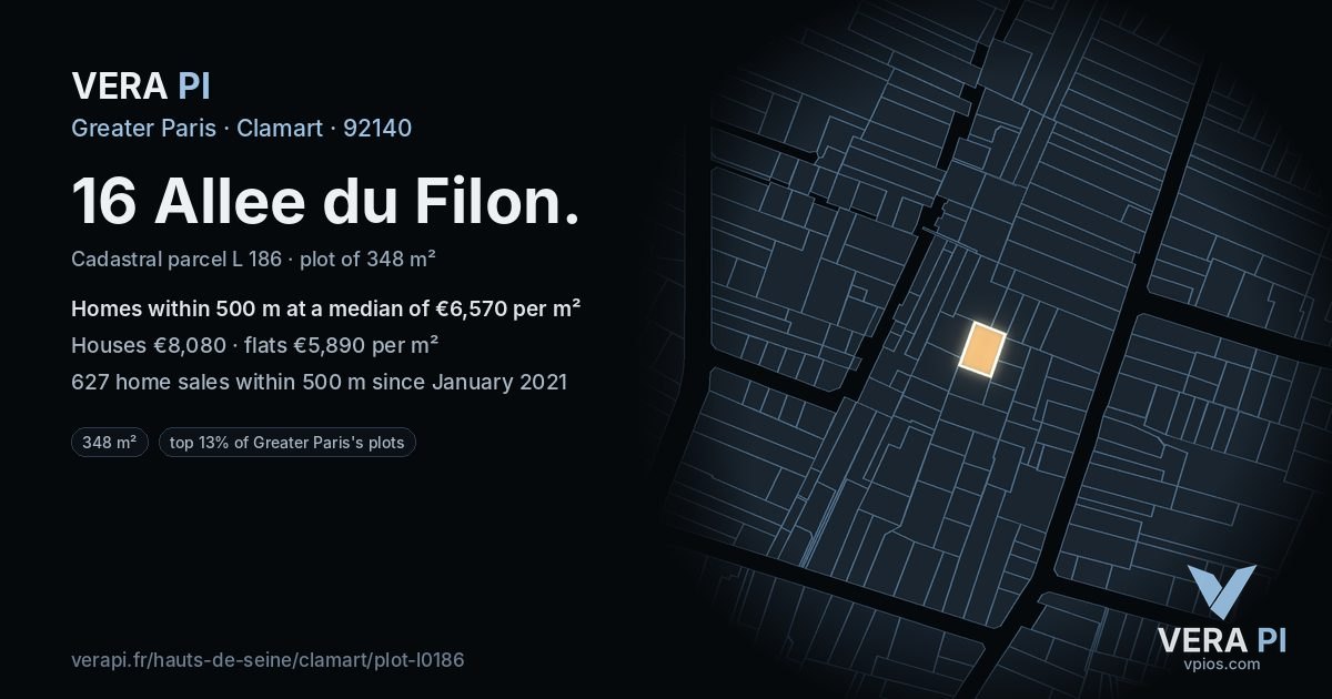 16 Allee du Filon, Clamart at night – the plot lit, the parcels around coloured by the prices near them