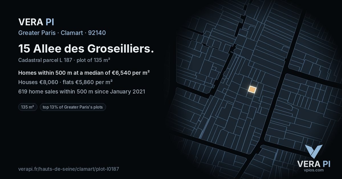 15 Allee des Groseilliers, Clamart at night – the plot lit, the parcels around coloured by the prices near them