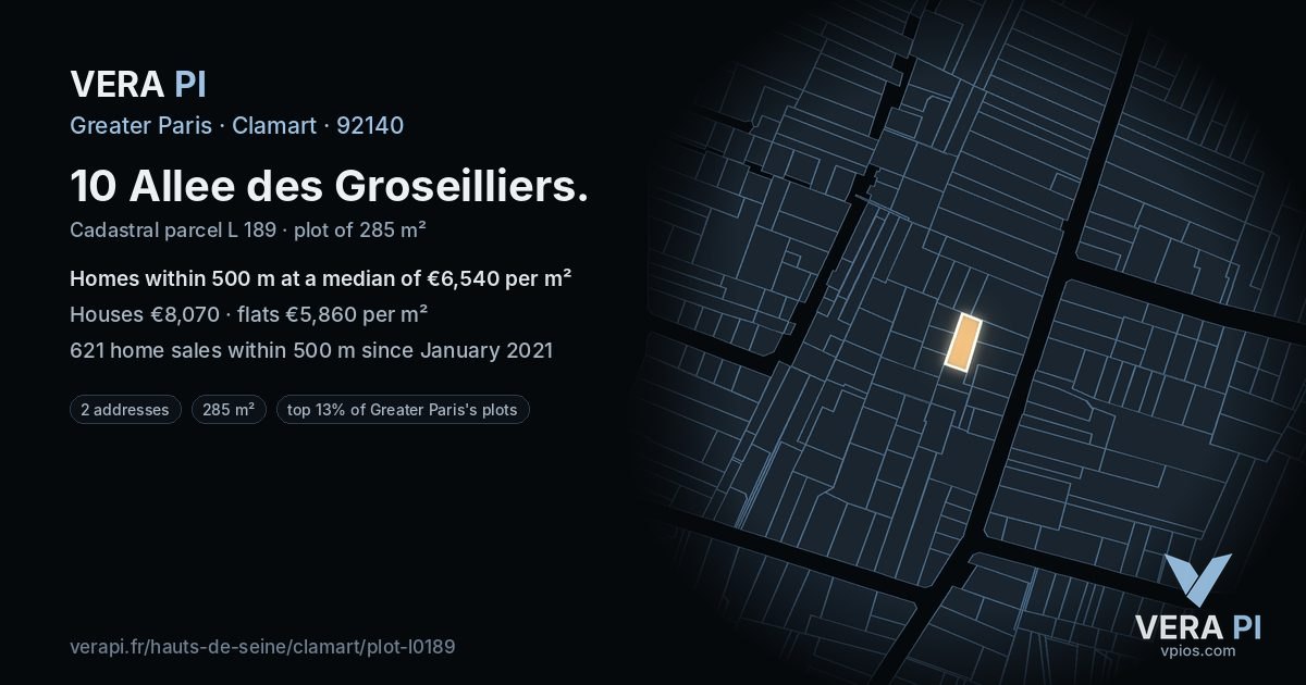 10 Allee des Groseilliers, Clamart at night – the plot lit, the parcels around coloured by the prices near them