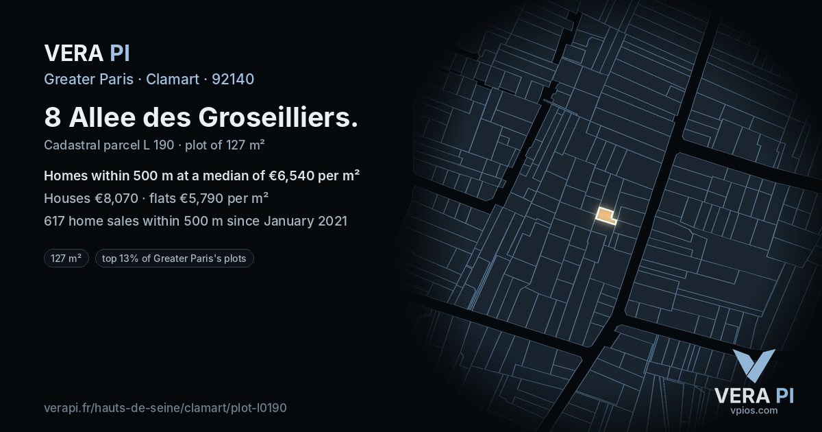 8 Allee des Groseilliers, Clamart at night – the plot lit, the parcels around coloured by the prices near them