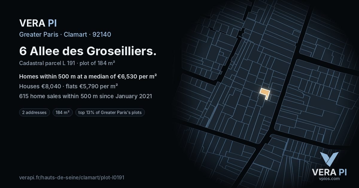 6 Allee des Groseilliers, Clamart at night – the plot lit, the parcels around coloured by the prices near them