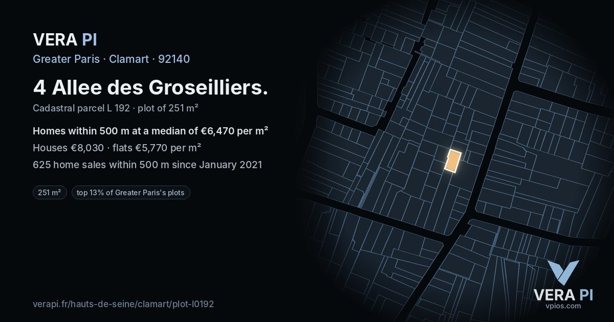 4 Allee des Groseilliers, Clamart at night – the plot lit, the parcels around coloured by the prices near them