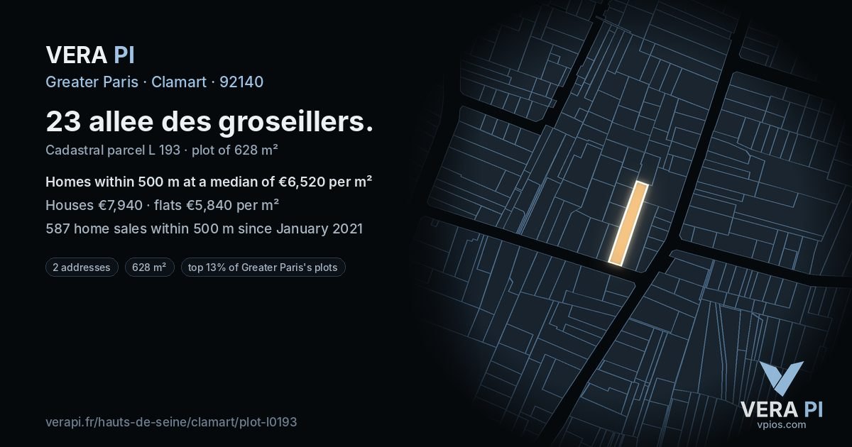 23 allee des groseillers, Clamart at night – the plot lit, the parcels around coloured by the prices near them