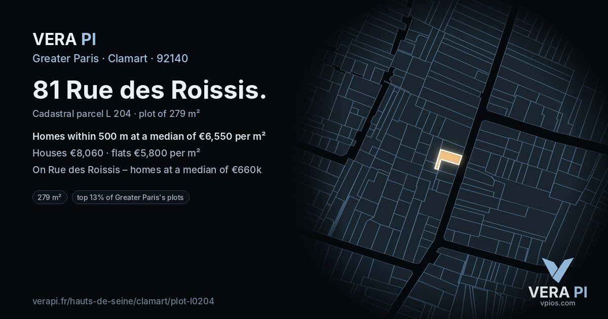 81 Rue des Roissis, Clamart at night – the plot lit, the parcels around coloured by the prices near them