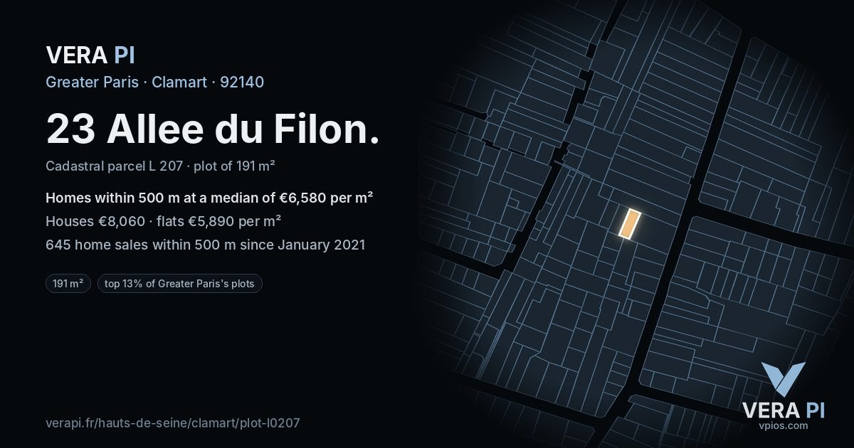 23 Allee du Filon, Clamart at night – the plot lit, the parcels around coloured by the prices near them