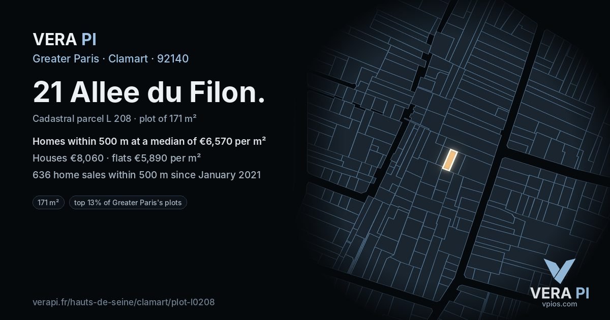 21 Allee du Filon, Clamart at night – the plot lit, the parcels around coloured by the prices near them