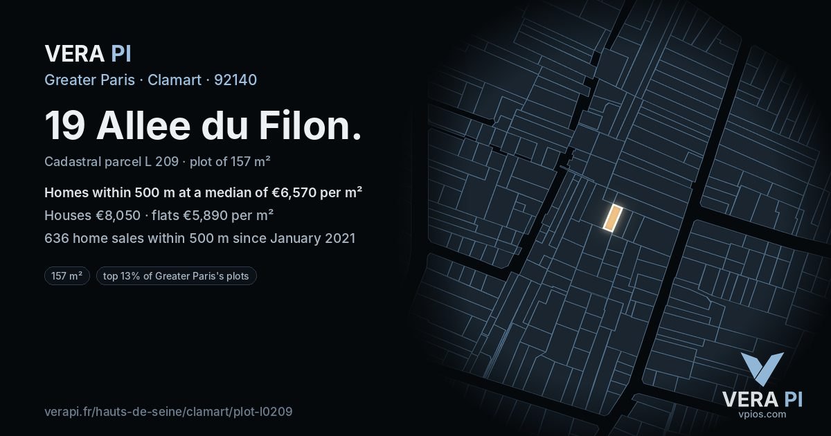 19 Allee du Filon, Clamart at night – the plot lit, the parcels around coloured by the prices near them