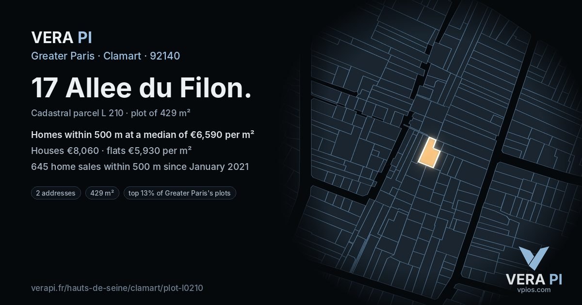 17 Allee du Filon, Clamart at night – the plot lit, the parcels around coloured by the prices near them