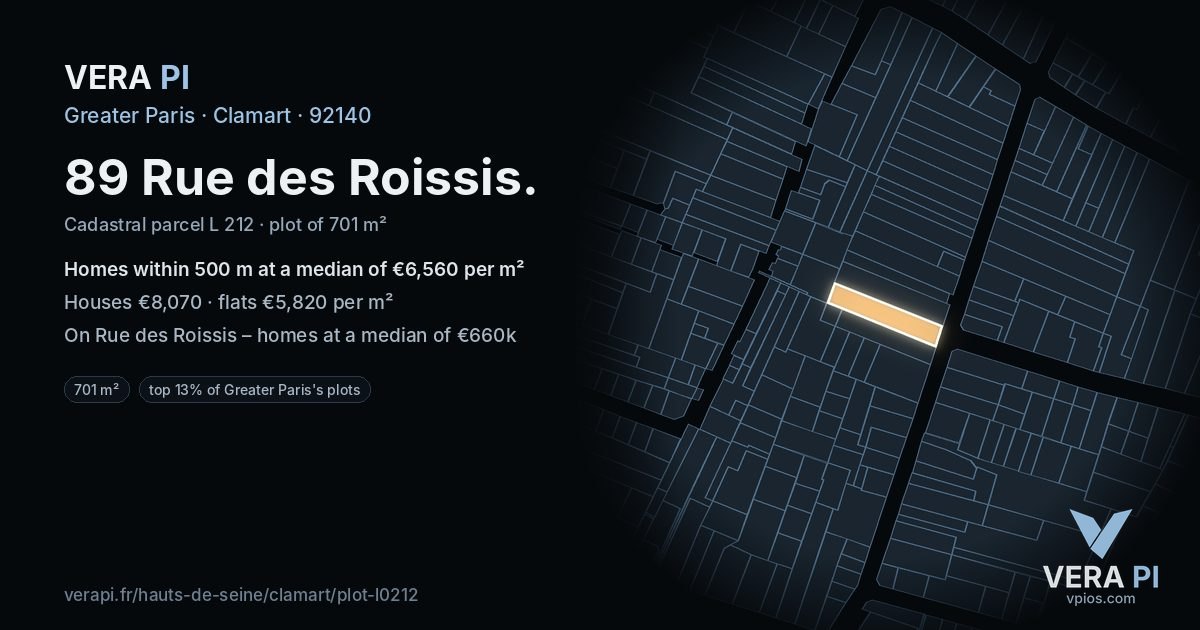 89 Rue des Roissis, Clamart at night – the plot lit, the parcels around coloured by the prices near them
