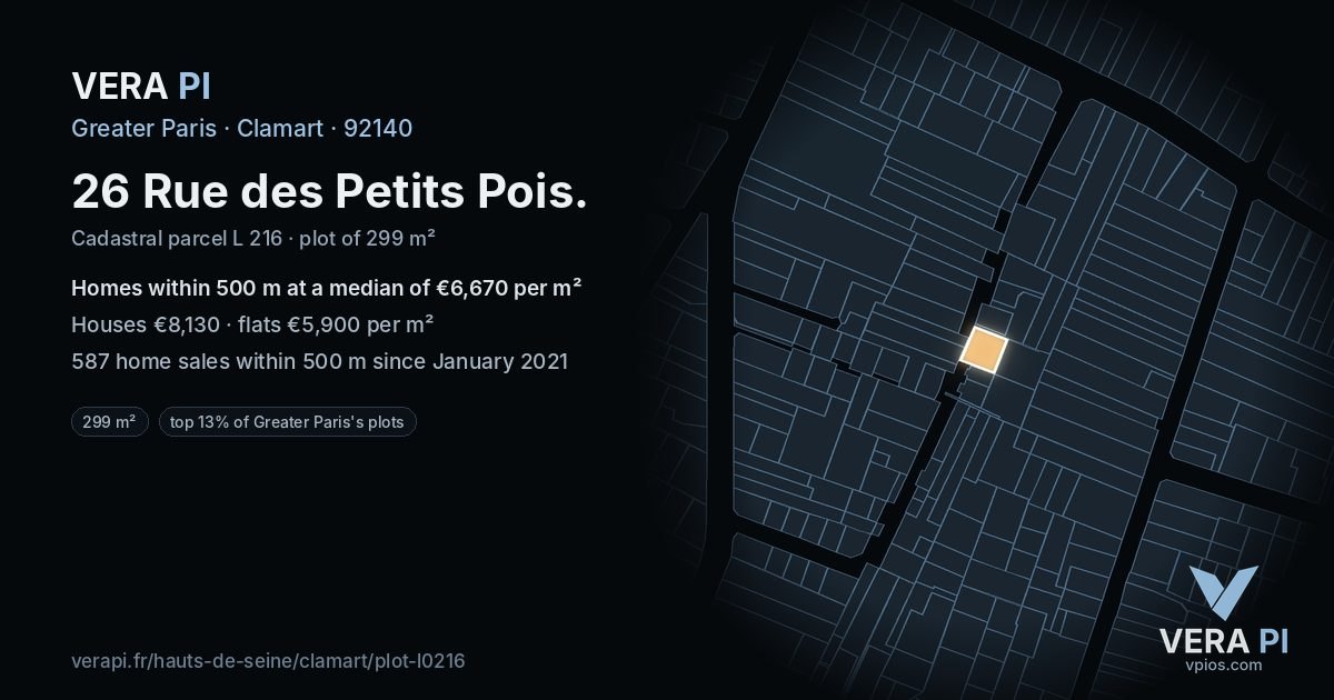 26 Rue des Petits Pois, Clamart at night – the plot lit, the parcels around coloured by the prices near them