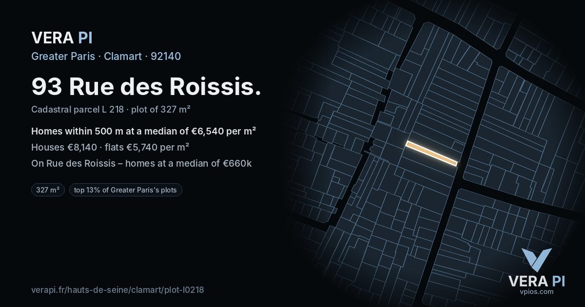 93 Rue des Roissis, Clamart at night – the plot lit, the parcels around coloured by the prices near them