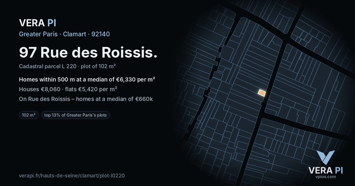 97 Rue des Roissis, Clamart at night – the plot lit, the parcels around coloured by the prices near them