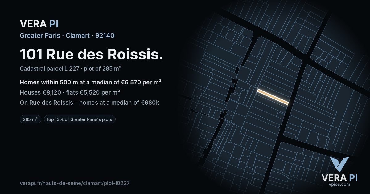 101 Rue des Roissis, Clamart at night – the plot lit, the parcels around coloured by the prices near them