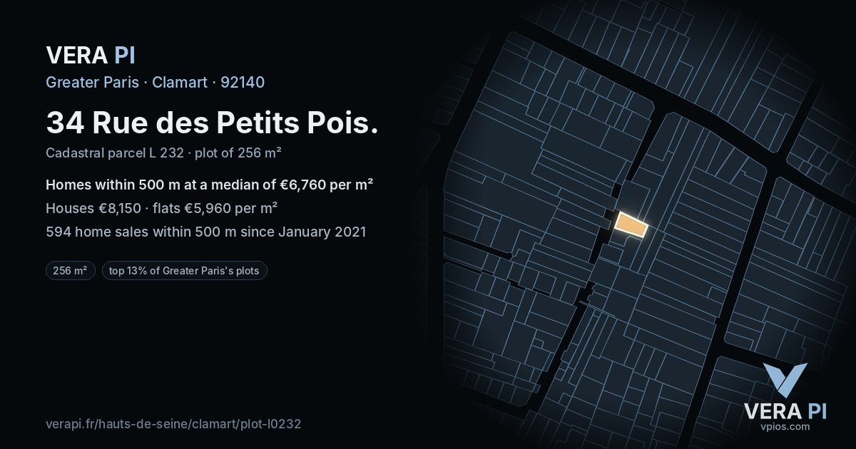 34 Rue des Petits Pois, Clamart at night – the plot lit, the parcels around coloured by the prices near them