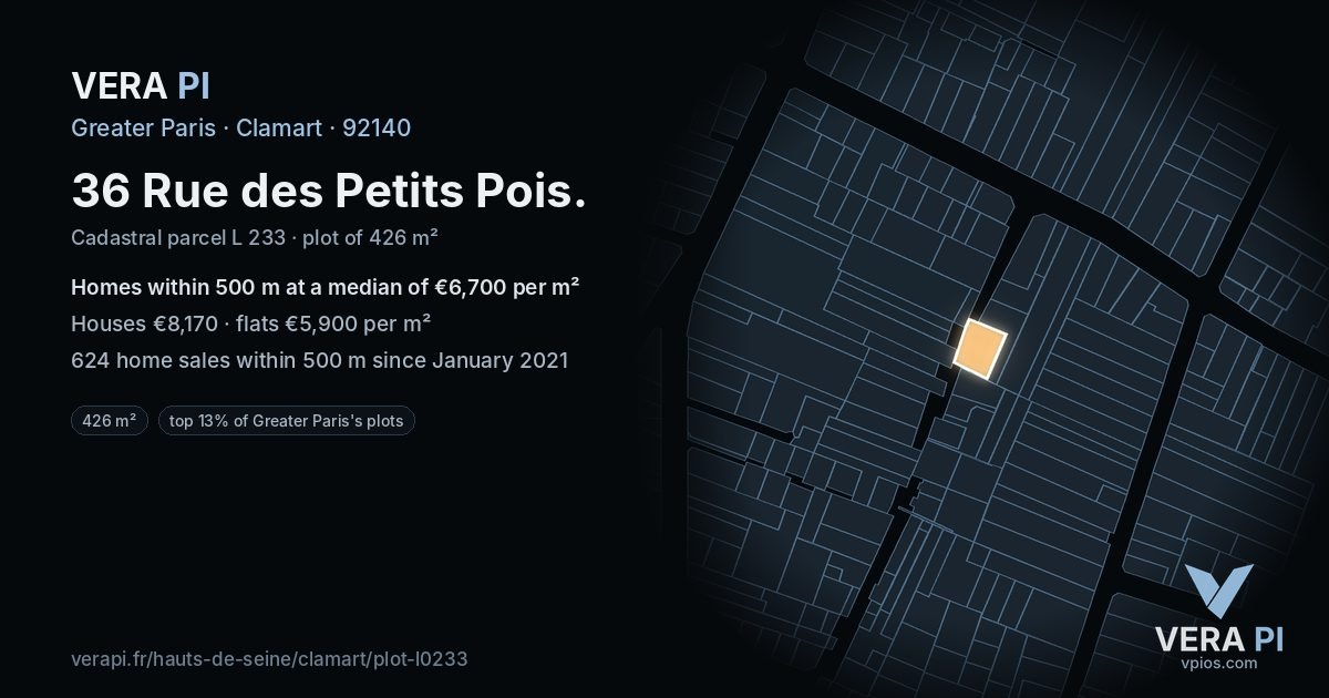 36 Rue des Petits Pois, Clamart at night – the plot lit, the parcels around coloured by the prices near them