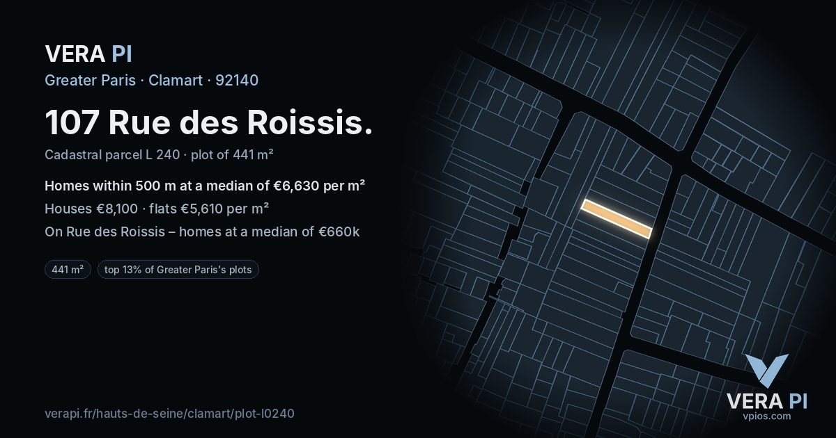 107 Rue des Roissis, Clamart at night – the plot lit, the parcels around coloured by the prices near them