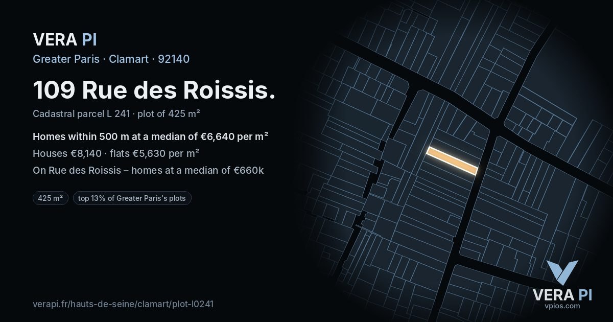 109 Rue des Roissis, Clamart at night – the plot lit, the parcels around coloured by the prices near them