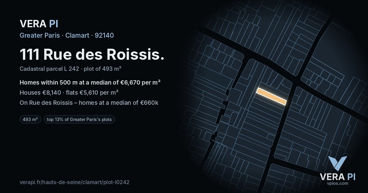 111 Rue des Roissis, Clamart at night – the plot lit, the parcels around coloured by the prices near them