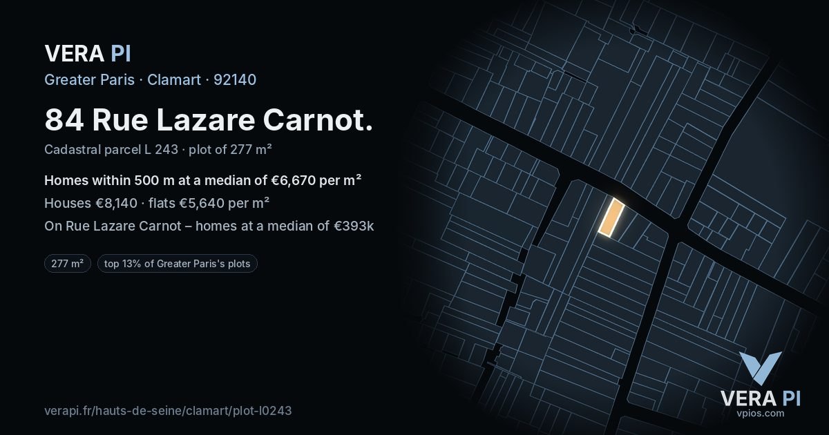 84 Rue Lazare Carnot, Clamart at night – the plot lit, the parcels around coloured by the prices near them