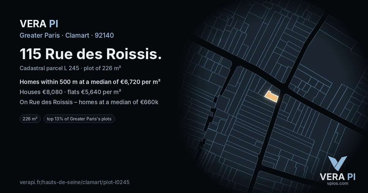 115 Rue des Roissis, Clamart at night – the plot lit, the parcels around coloured by the prices near them