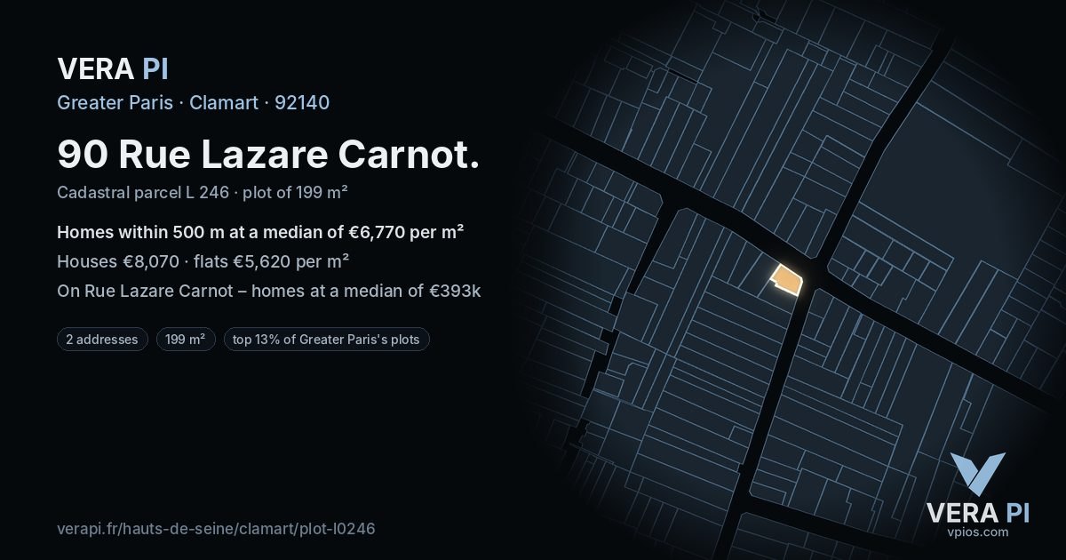 90 Rue Lazare Carnot, Clamart at night – the plot lit, the parcels around coloured by the prices near them