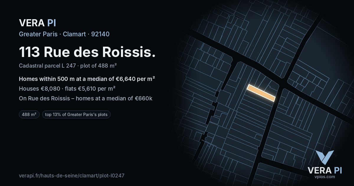 113 Rue des Roissis, Clamart at night – the plot lit, the parcels around coloured by the prices near them