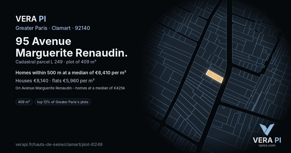 95 Avenue Marguerite Renaudin, Clamart at night – the plot lit, the parcels around coloured by the prices near them