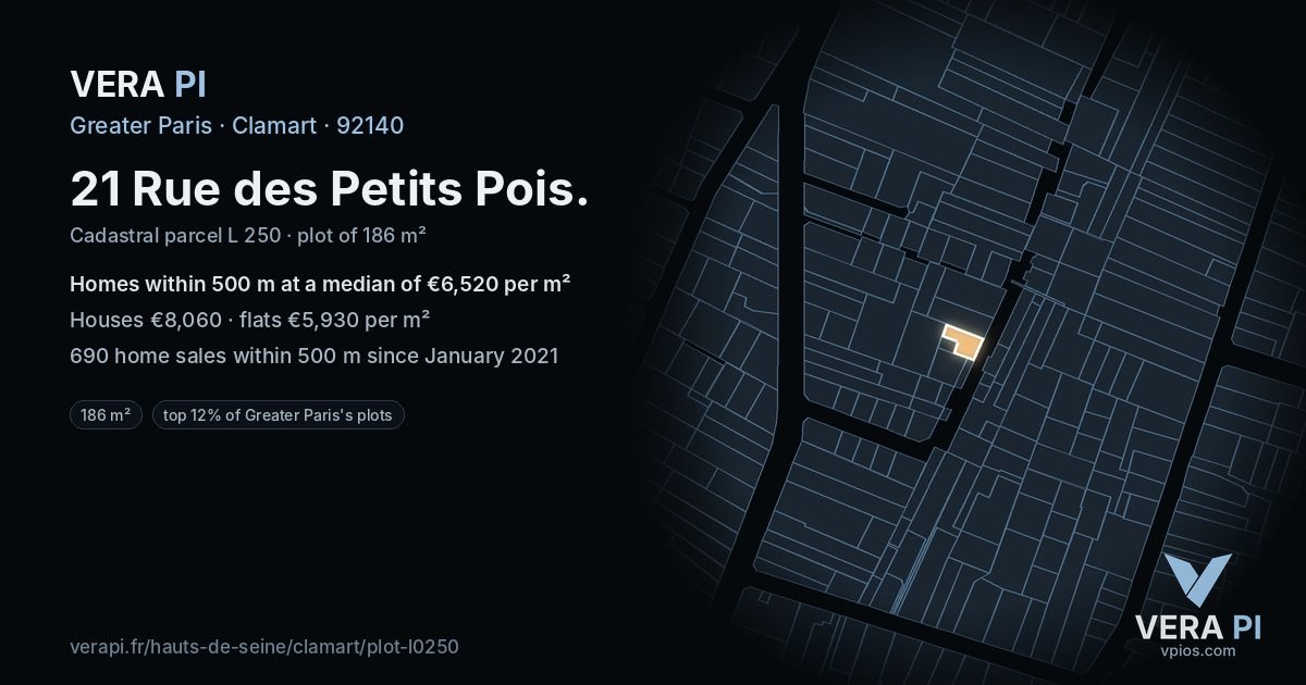 21 Rue des Petits Pois, Clamart at night – the plot lit, the parcels around coloured by the prices near them