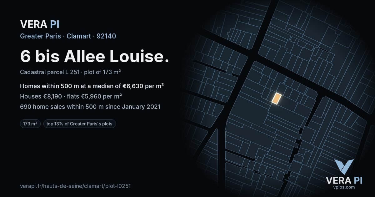 6 bis Allee Louise, Clamart at night – the plot lit, the parcels around coloured by the prices near them