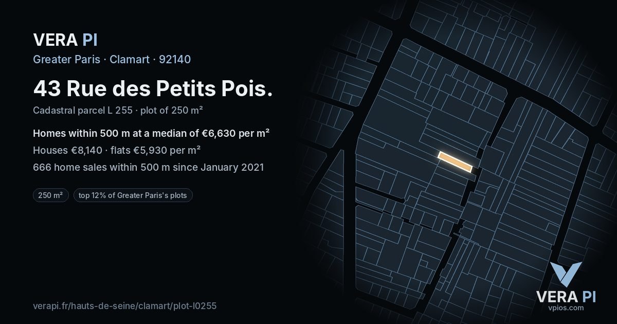 43 Rue des Petits Pois, Clamart at night – the plot lit, the parcels around coloured by the prices near them
