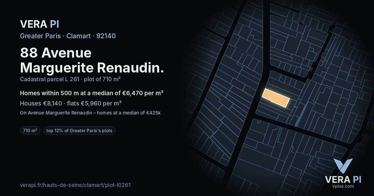 88 Avenue Marguerite Renaudin, Clamart at night – the plot lit, the parcels around coloured by the prices near them