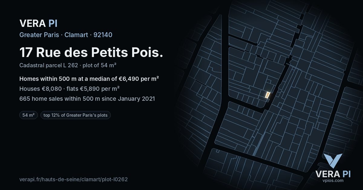 17 Rue des Petits Pois, Clamart at night – the plot lit, the parcels around coloured by the prices near them