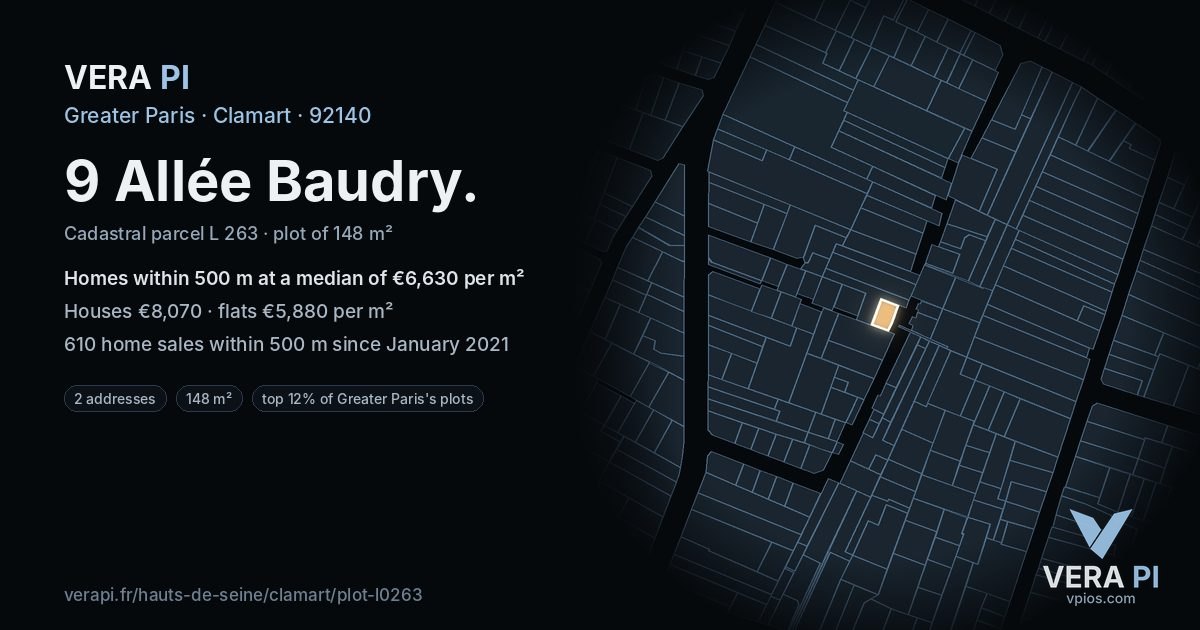 9 Allée Baudry, Clamart at night – the plot lit, the parcels around coloured by the prices near them