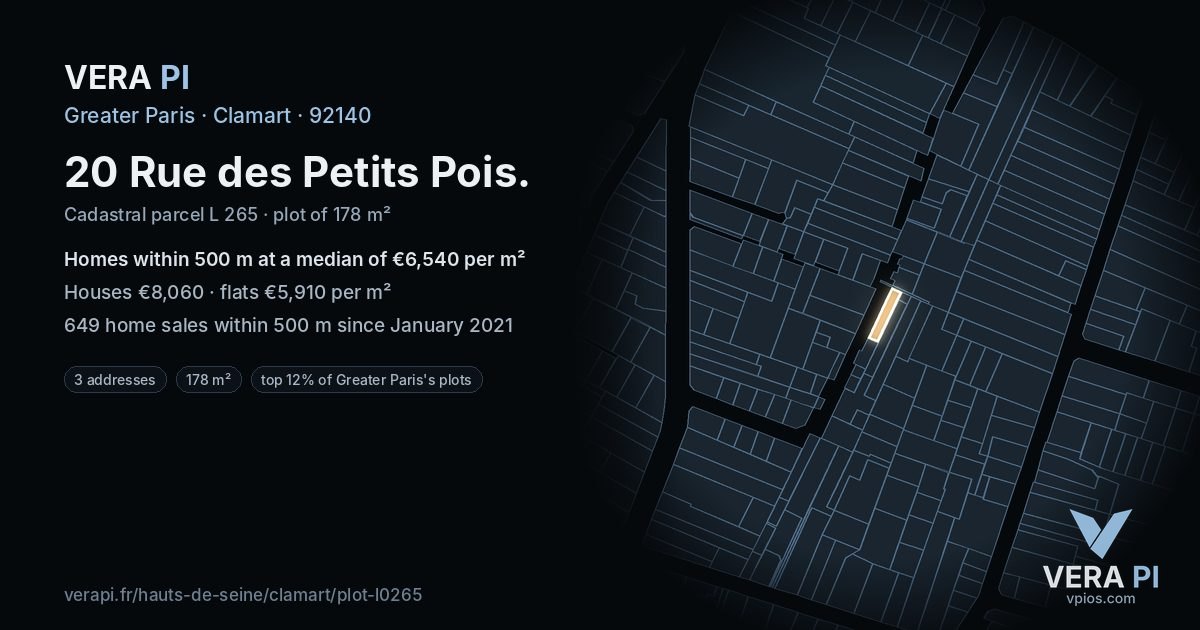 20 Rue des Petits Pois, Clamart at night – the plot lit, the parcels around coloured by the prices near them