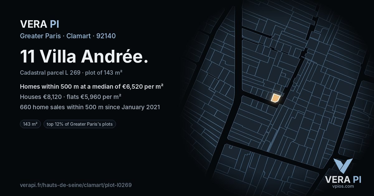 11 Villa Andrée, Clamart at night – the plot lit, the parcels around coloured by the prices near them