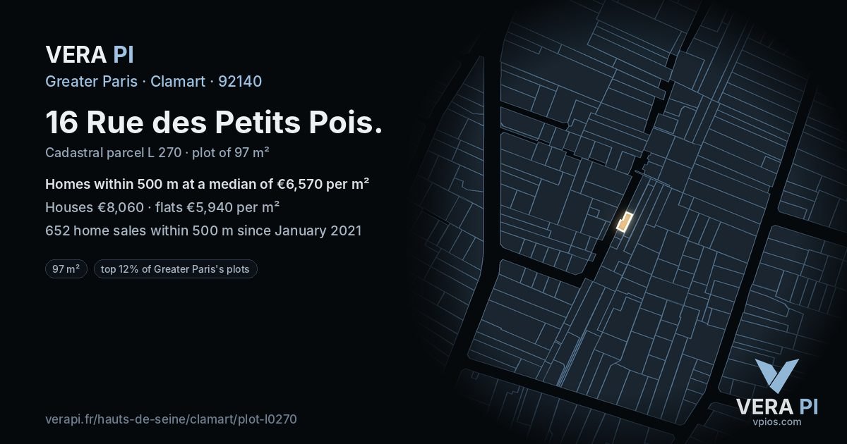 16 Rue des Petits Pois, Clamart at night – the plot lit, the parcels around coloured by the prices near them