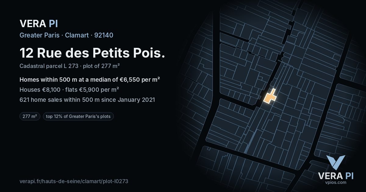 12 Rue des Petits Pois, Clamart at night – the plot lit, the parcels around coloured by the prices near them