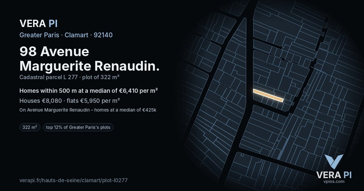 98 Avenue Marguerite Renaudin, Clamart at night – the plot lit, the parcels around coloured by the prices near them
