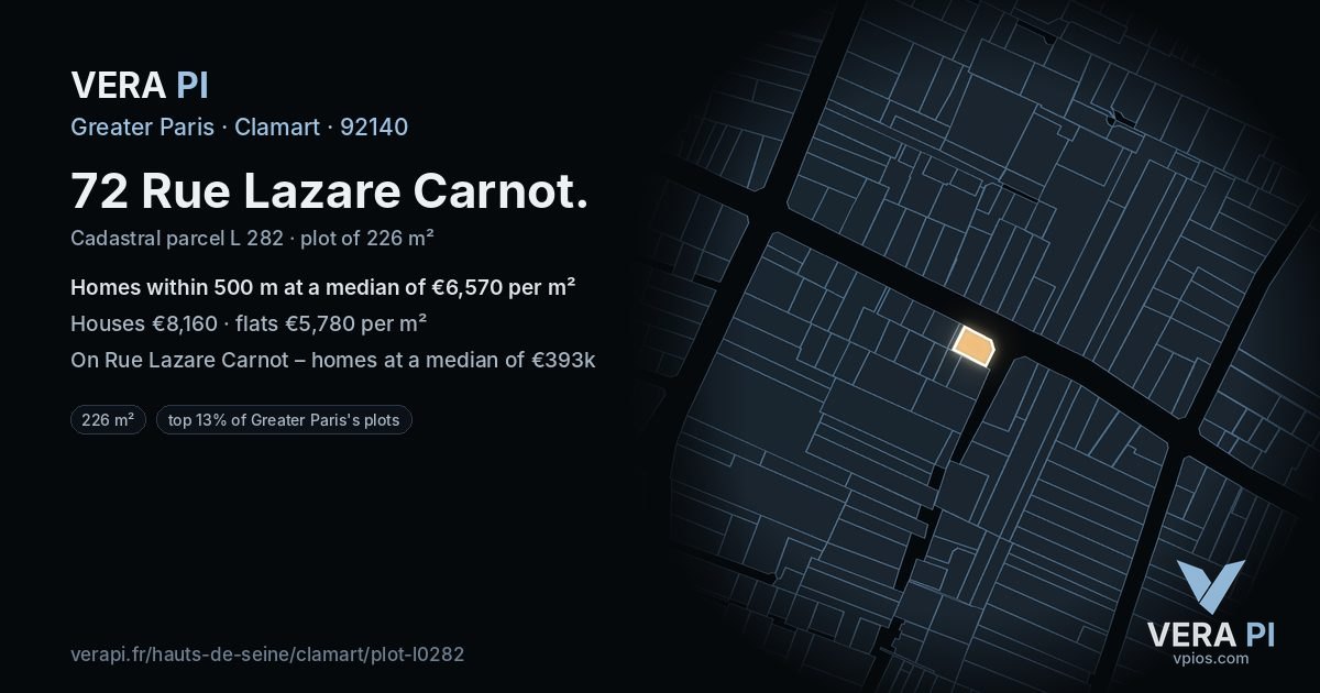 72 Rue Lazare Carnot, Clamart at night – the plot lit, the parcels around coloured by the prices near them