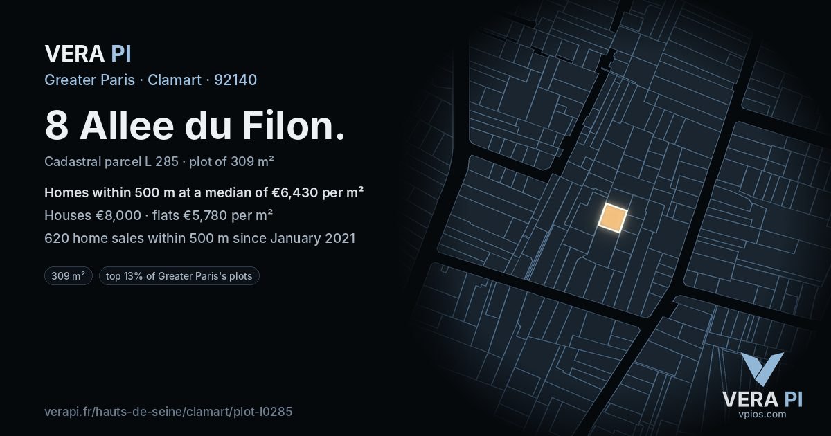 8 Allee du Filon, Clamart at night – the plot lit, the parcels around coloured by the prices near them