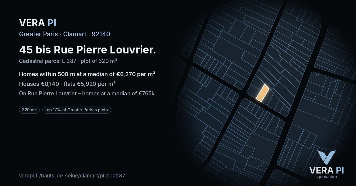 45 bis Rue Pierre Louvrier, Clamart at night – the plot lit, the parcels around coloured by the prices near them