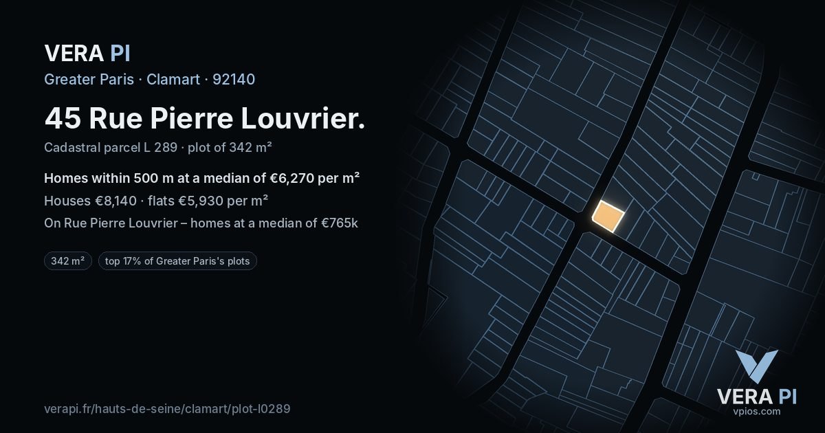 45 Rue Pierre Louvrier, Clamart at night – the plot lit, the parcels around coloured by the prices near them