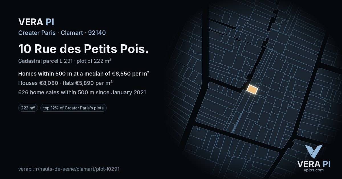 10 Rue des Petits Pois, Clamart at night – the plot lit, the parcels around coloured by the prices near them