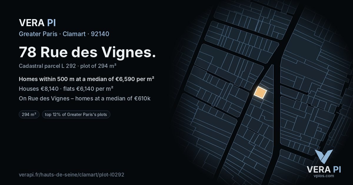 78 Rue des Vignes, Clamart at night – the plot lit, the parcels around coloured by the prices near them