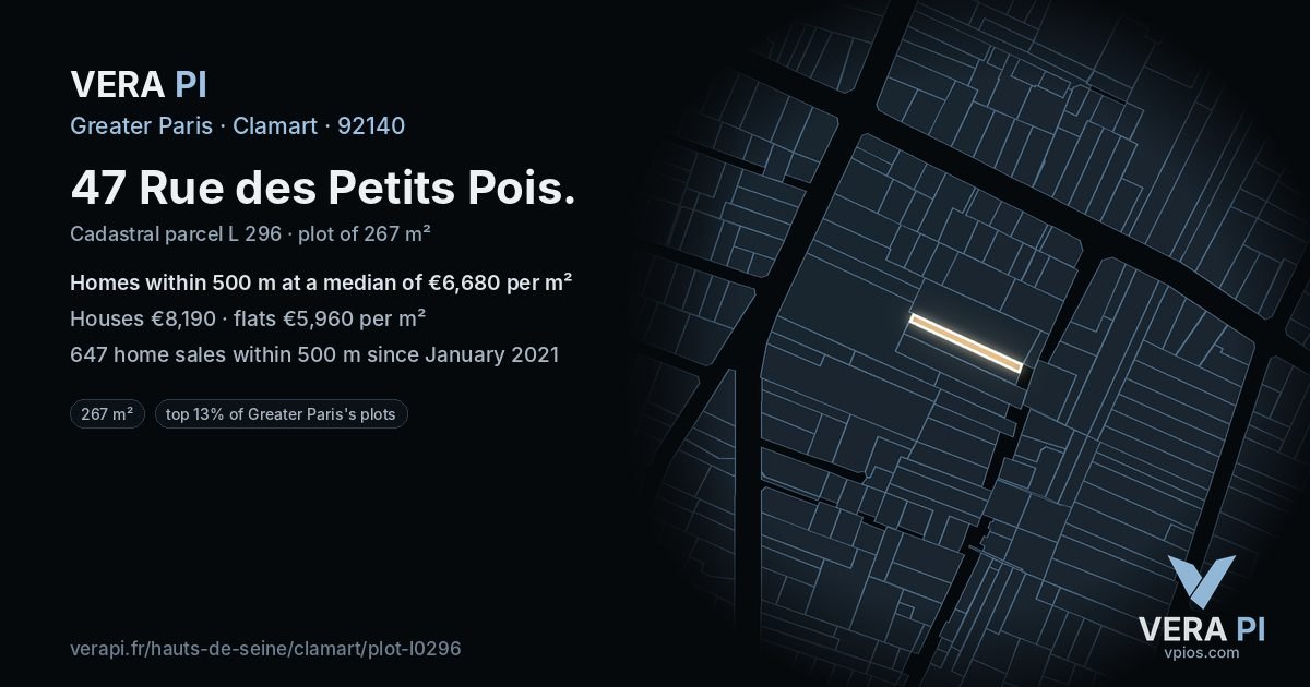 47 Rue des Petits Pois, Clamart at night – the plot lit, the parcels around coloured by the prices near them