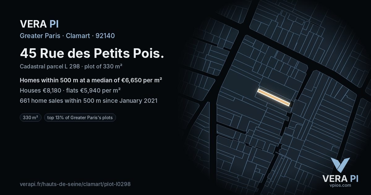 45 Rue des Petits Pois, Clamart at night – the plot lit, the parcels around coloured by the prices near them