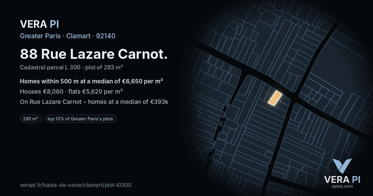 88 Rue Lazare Carnot, Clamart at night – the plot lit, the parcels around coloured by the prices near them